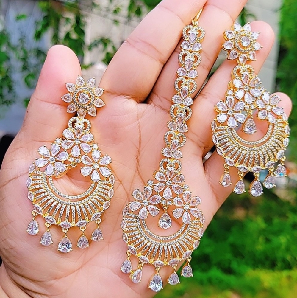 Diamond Maangtikka Set Gold Finish, Tikka Set, Indian Jewelry Diamond Chandbali